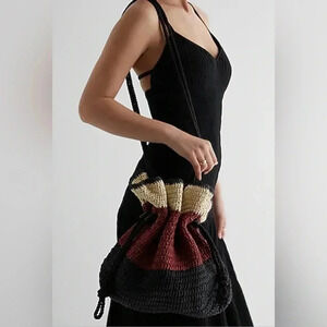 Express Black Tan Brown Woven Straw Drawstring Bag NWT
